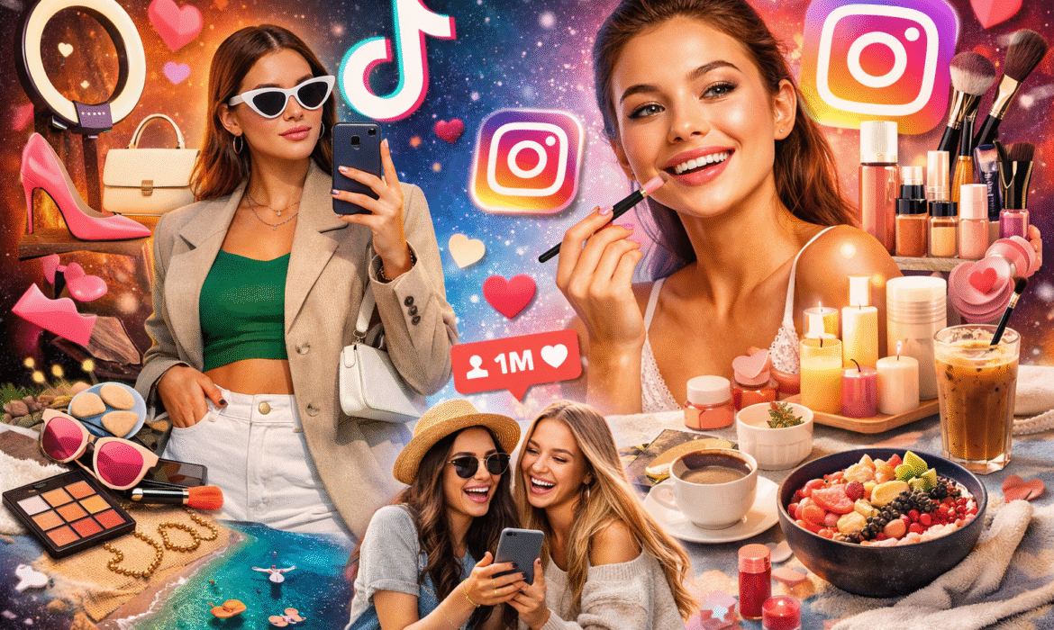 A vibrant collage showing influencers on TikTok and Instagram shaping fashion, beauty, and lifestyle trends in 2026, with viral icons like hearts, shopping tags, and follower counts.