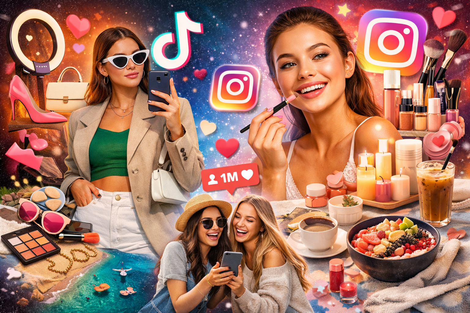 A vibrant collage showing influencers on TikTok and Instagram shaping fashion, beauty, and lifestyle trends in 2026, with viral icons like hearts, shopping tags, and follower counts.